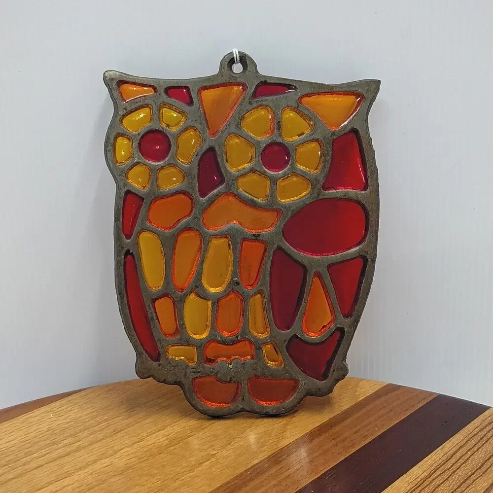 Owl Trivet Pot Holder Orange Red Resin Stained Glass Metal Frame Wall Plaque